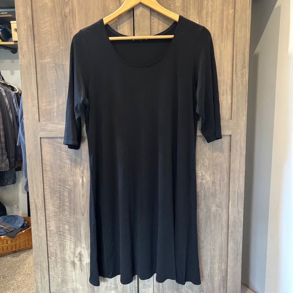 Eileen Fisher Black Scoop Neck Half Sleeve Jersey A-Line Dress Large